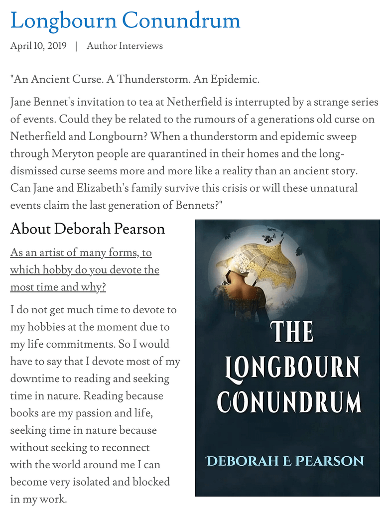 Interview with Deborah E Pearson about her book: The Long Conundrum.