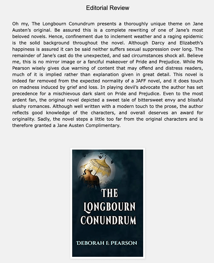 Review of Deborah's book: The Long Conundrum by Jane Austen's Book Awards